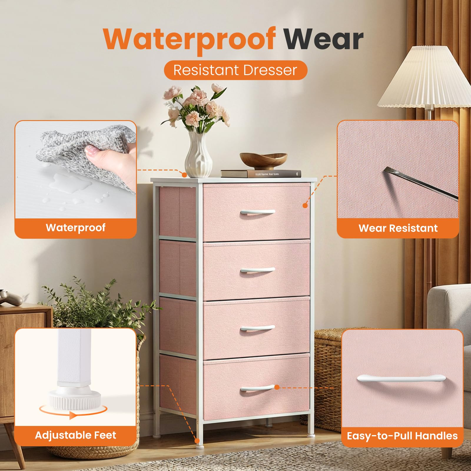 Telyra 4-Drawer Fabric Dresser 37.4" Tall Storage Tower with Wood Top and Steel Frame Narrow Organizer, Pink