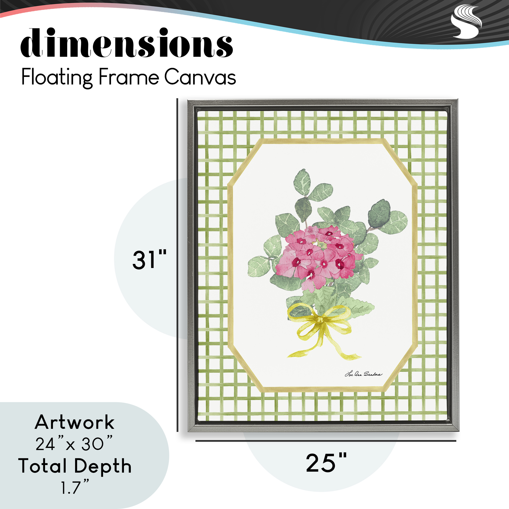 Botanical Story on Grid Pattern Gray Framed Floater Canvas Wall Art, design by Lee Ann Sanders