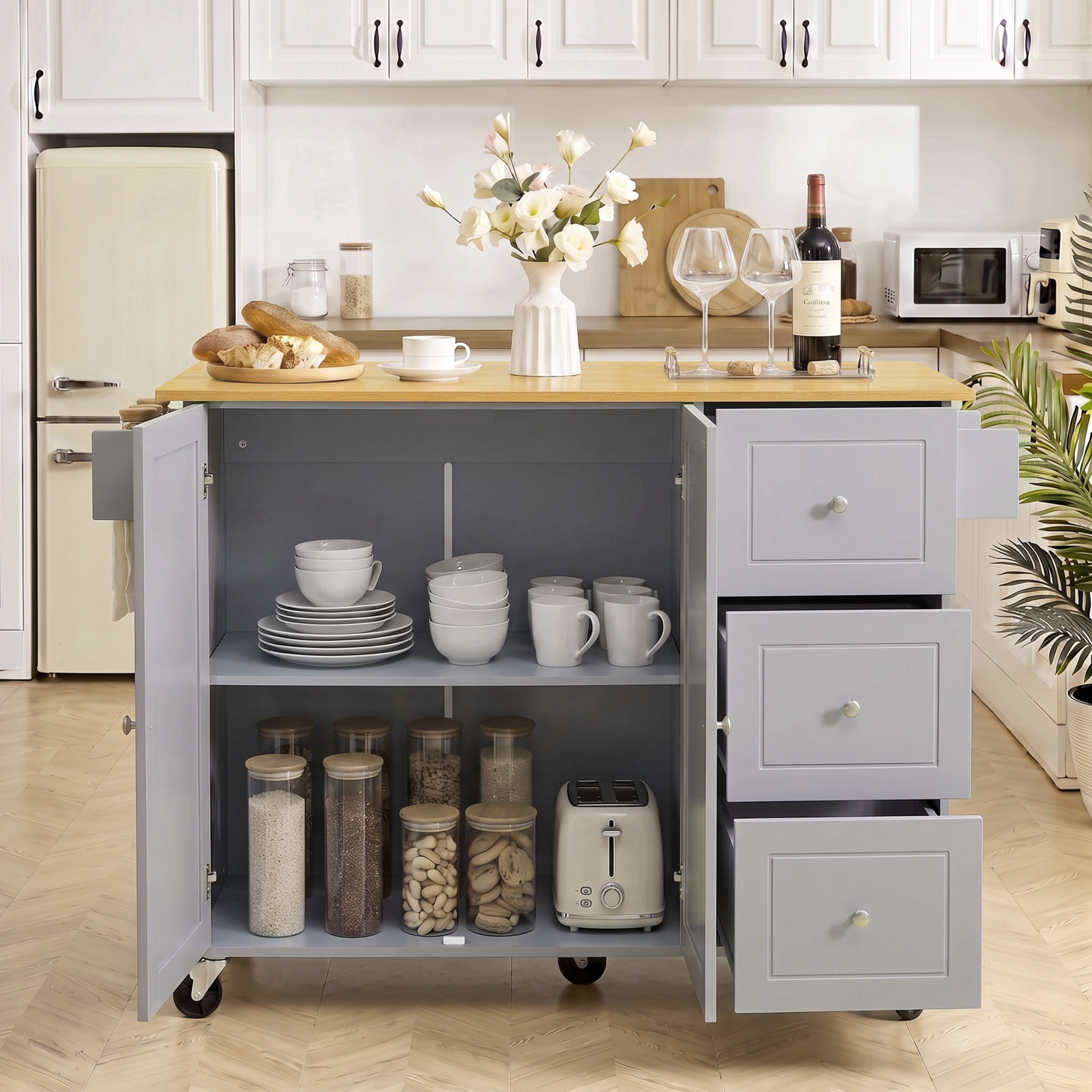 52.7" Kitchen Island with Storage & Drop Leaf, Rolling Kitchen Island Cart on Wheels with 3 Drawers, Adjustable Shelf, Spice & Towel Rack, Island Table for Small Kitchen & Dining Room, Grey Blue