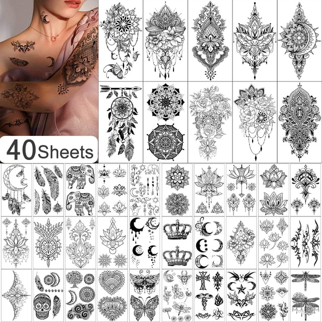Yazhiji 40 hojas de tatuaje temporal para mujeres y niñas Tat sexy incluido 10 hojas extra grandes y 30 hojas pequeñas pegatinas de tatuajes falsos para niños