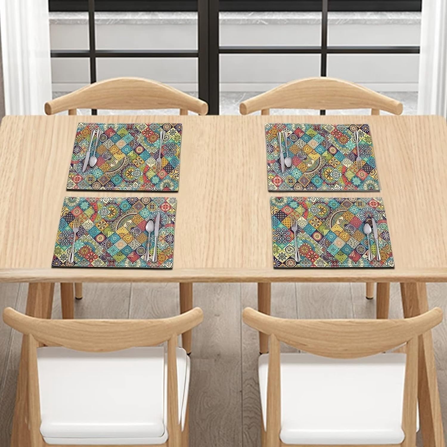 6 PCS Washable Tablemats for Home Farmhouse Beach, Easy to Clean Foldable Heat Resistant linen Weave Rectangle Table Mats, Bohemian Style