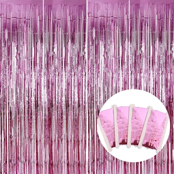 4 Pack Pink Foil Fringe Curtains Streamers Party Decorations 3.3 x 6.56 ft, Pink Tinsel Curtain Fringe Backdrop for Birthday Party Decorations
