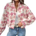 thumbnail image 3 of Women'S Zip Up Fleece Crop Jacket Long Sleeve Cute Floral Outerwear Coats Fall Winter Outfit Pink L, 3 of 9