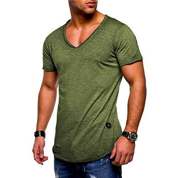 behype. Men's Basic V-Neck Casual Fashion Hipster T-Shirt Muscle Longline Tee Casual Premium Top MT-7102 (Large, Green (wash))