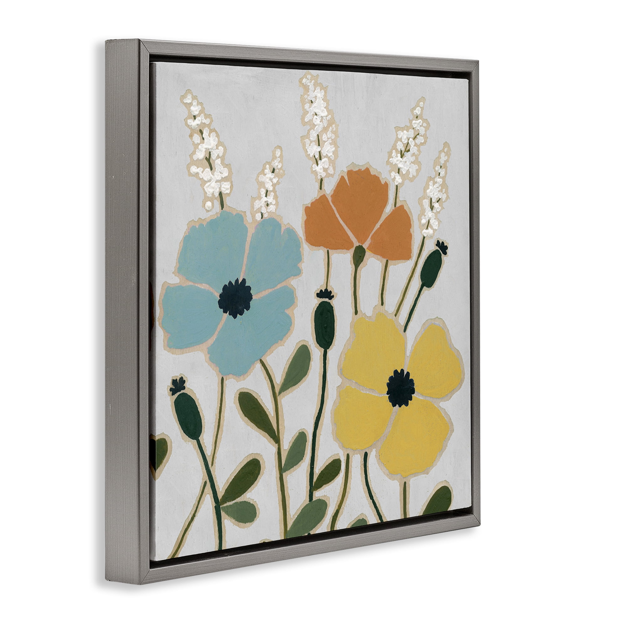 Stupell Industries Modern Primaries Blooms Plants & Flowers Painting Gray Floater Framed Canvas Art Print Wall Art, 25 x 25