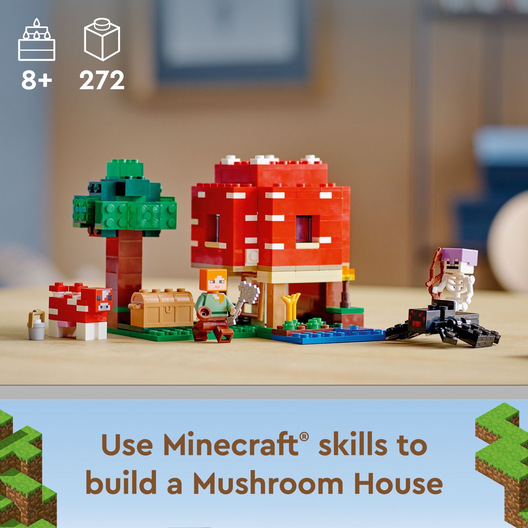 LEGO Minecraft The Mushroom House 21179 Building Set for Kids 8 with Alex Spider Jockey Mooshroom Figures Walmart