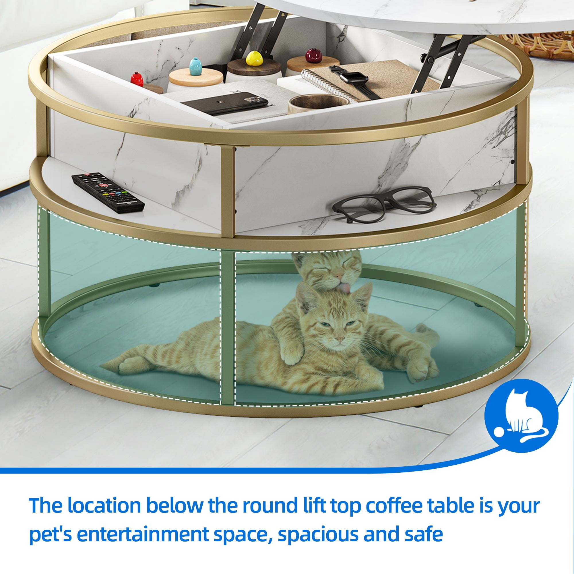 DEXTRUS Modern Lift-Top Round Coffee Table with Storage, Marble White, for Living Room & Office