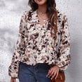 thumbnail image 3 of Blusa cruzada con cuello en V y estampado floral, manga larga, dobladillo con volantes, blusa cruzada con estampado floral para mujer, piedra marrón M, 3 of 6