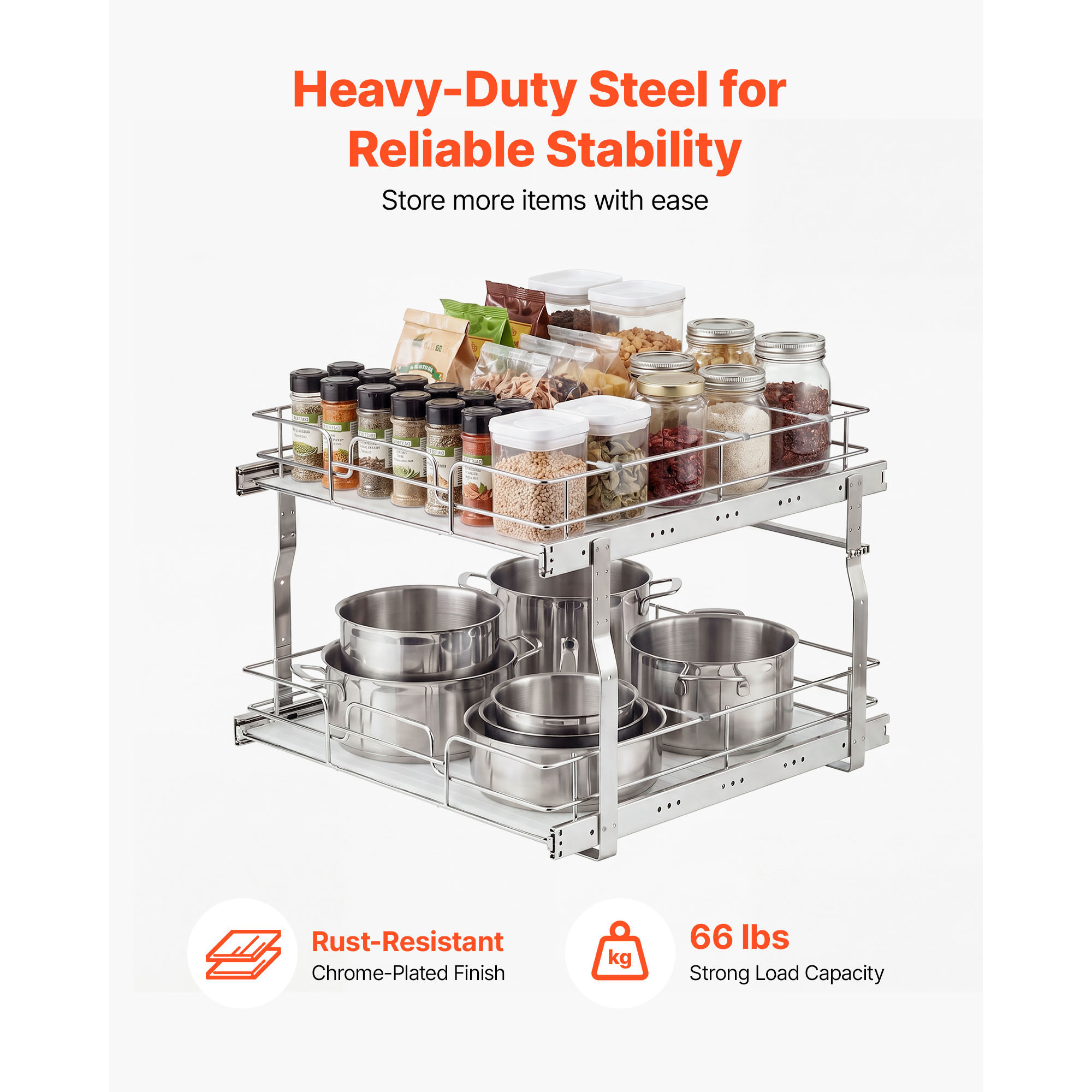 KFFKFF 2-Tier Pull-Out Cabinet Organizer, 20"W x 21.22"D Sliding Drawers for Kitchen, Bathroom, or Pantry Storage, Chrome-Plated Finish, Durable Steel Shelving for Base Cabinets