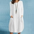 thumbnail image 2 of SMihono Solid Color Long Dresses for Women Fashion Casual Crew Neck Long Sleeve Cotton Linen Mid Calf Dresses for Women Pocket Female Outwear White L, 2 of 8