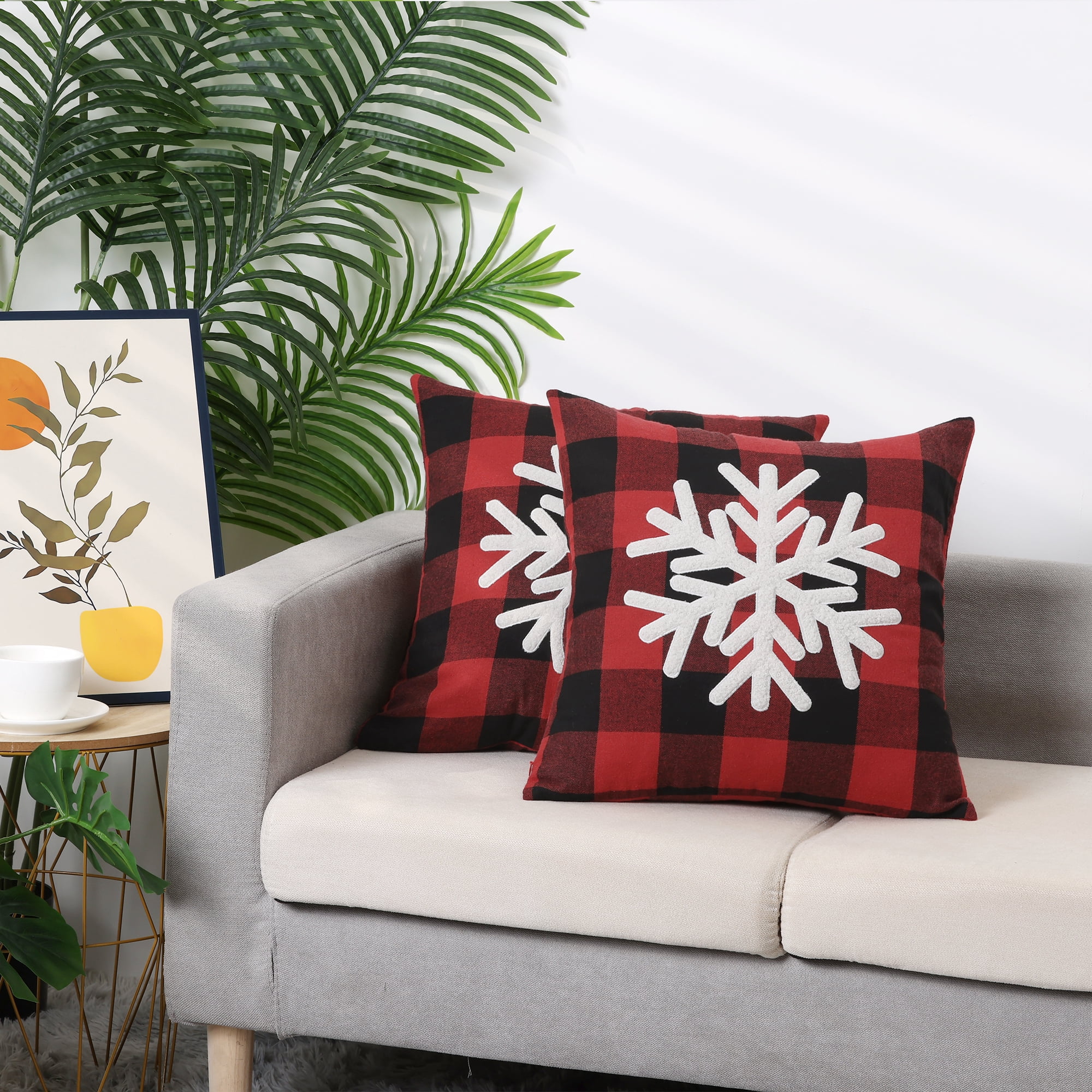 Unique Bargains Plaid Print Throw Decorative Pillow Covers Farmhouse Pillowcase Pack of 2 Snowflake 18" x 18"