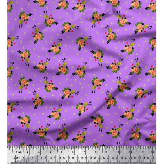 Soimoi Purple Cotton Duck Fabric Leaves & Grandiflora Roses Floral Printed Fabric 1 Yard 42 Inch Wide
