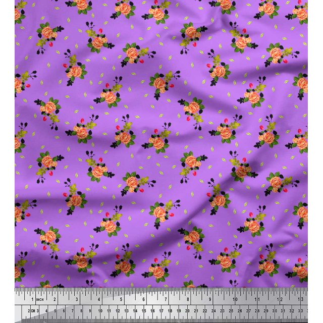 Soimoi Purple Rayon Fabric Leaves & Grandiflora Roses Floral Print Sewing Fabric Yard 56 Inch Wide