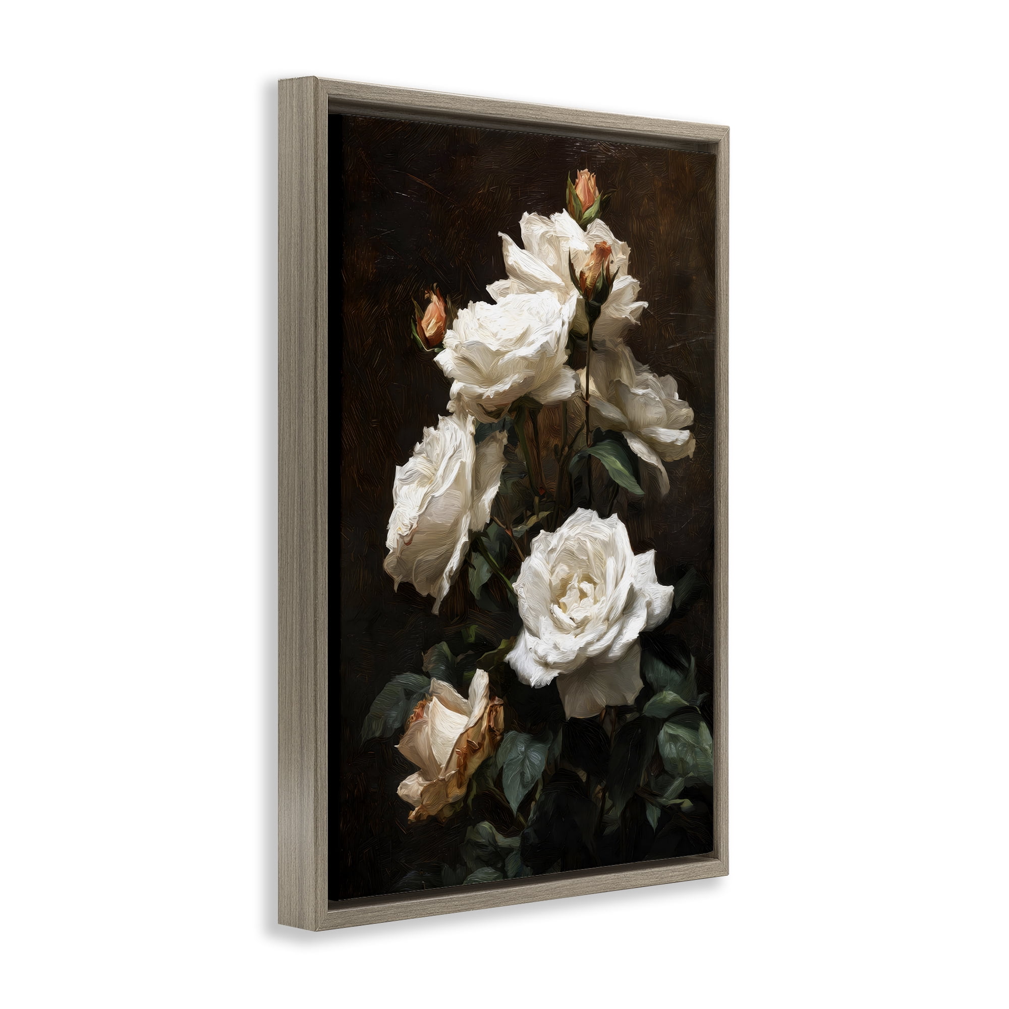 Stupell Industries Tower of White Roses Brown Framed Floater Canvas Wall Art, design by Petal Prints Design