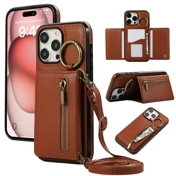 Crossbody Wallet Case for iPhone 16 Pro with Lanyard Strap Card Slot Holder RFID Blocking 360° Ring Kickstand,Magnetic Flip Folio Zipper Purse Case, PU Leather Cover Handbag,Coffee