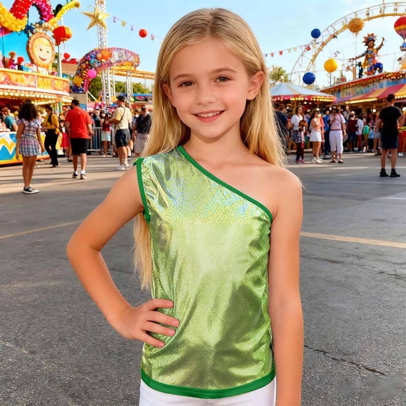 CAIVO Girls Shirts Glitter Performance Tops Asymmetrical Shoulder Sequin Vest Stage Wear Party One Shoulder Blouses For Kids , Green