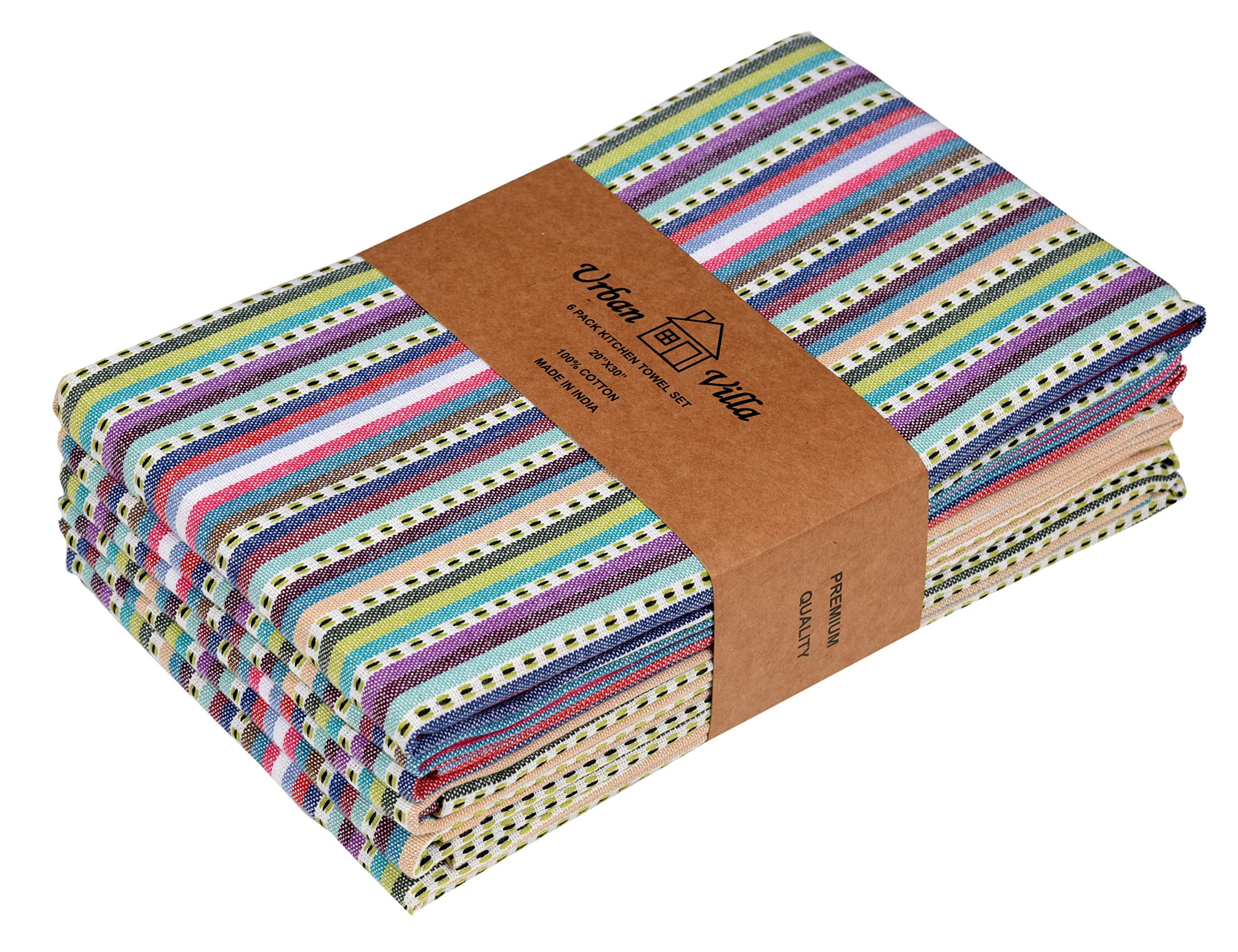 Urban Villa Kitchen Towels Blue Multi Dobby Stripes 100 Cotton Kitchen Towels Mitered Corners