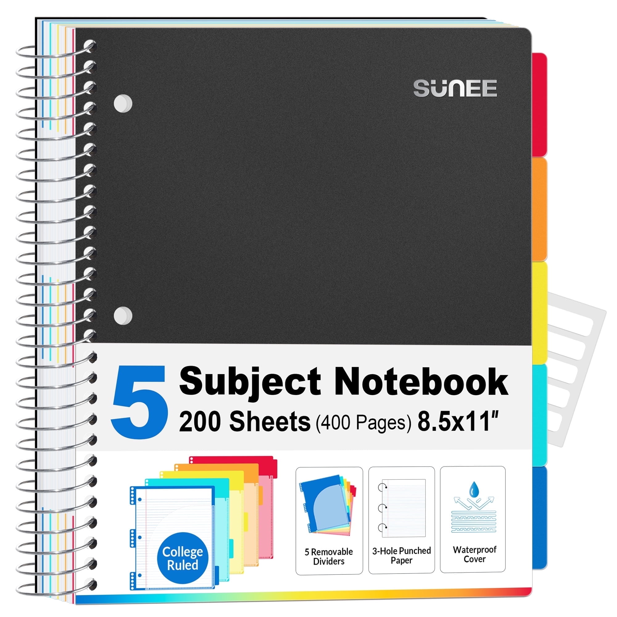Sunee 5-Subject Spiral Notebook, College Ruled, 400 Pages