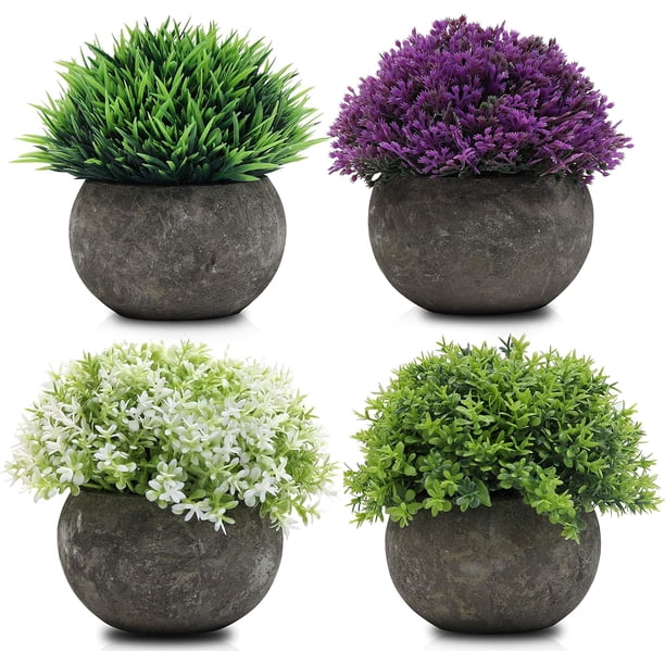 Decoración de escritorio, planta verde de plástico, flor artificial, juego de 4 piezas (fruta morada + fruta verde + fruta blanca + aguja corta verde