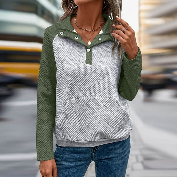 Sweatshirts For Women Loose Fit Women's Long Sleeved Contrasting Color Patchwork Casual And Comfortable V-neck Standing Collar Hoodie