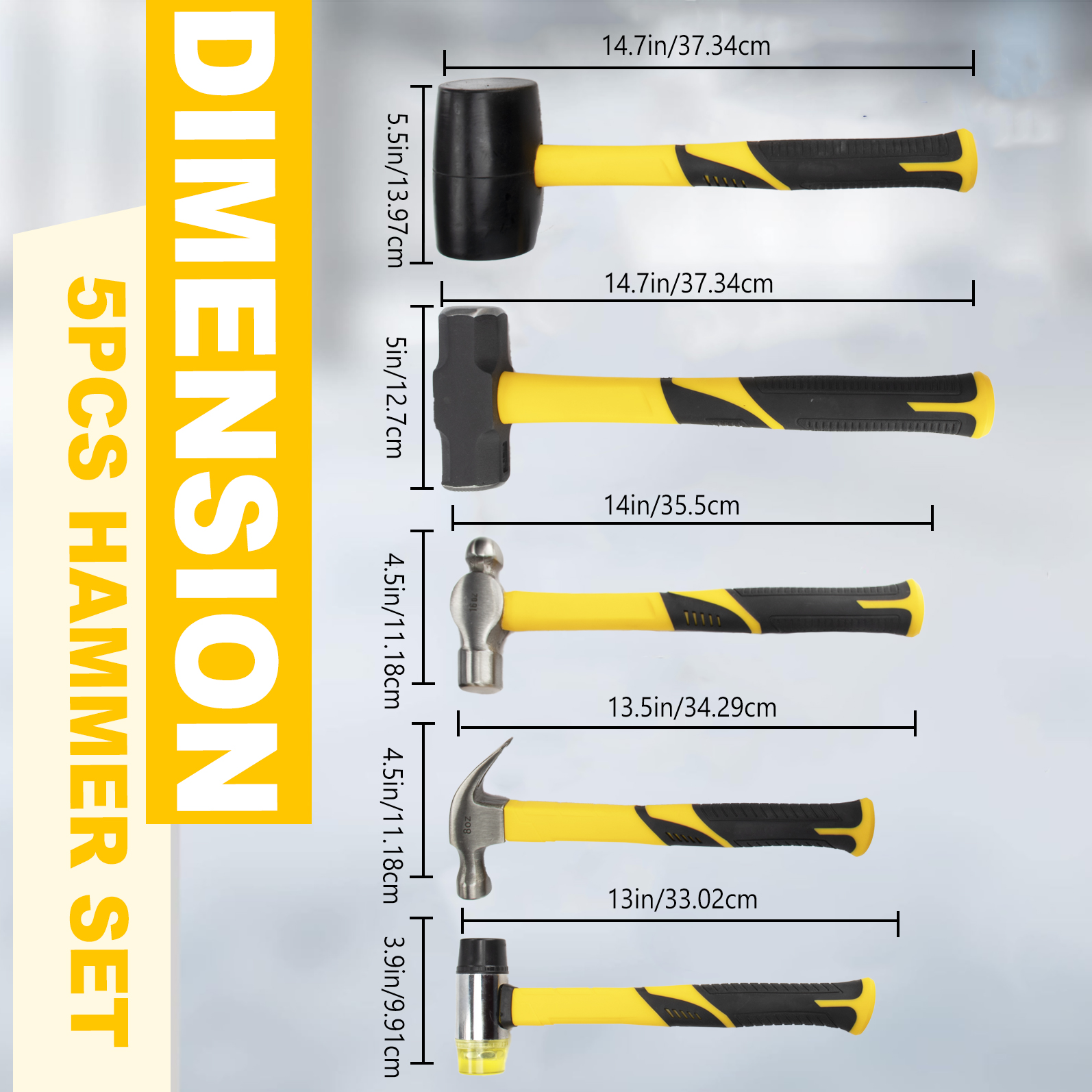 5-Piece forge/Polish Steel Head, Fiberglass Handle Set - 32oz Rubber Mallet | 16oz Claw & Ball-Peen Hammers | 3lb Sledge | 22oz Double-Faced Mallet