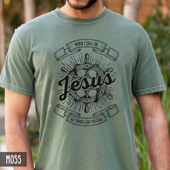 When I Call On Jesus, All Things Are Possible - Religious Round Neck T-Shirt, Steering Wheel Design Symbolizing Faith & Hope