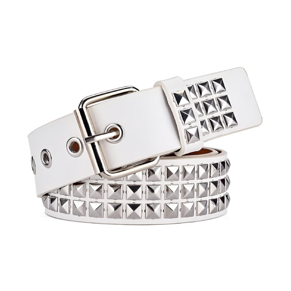 OQRKI Studded Belt, Metal Punk Rock Rivet Belt, Gothic Belt with Bright Pyramid Studded for Women Men White Studded Belt