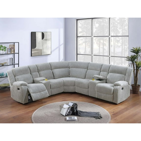 Elegant Comfortable Manual Motion Sectional w Console Cup Holders Ash Color Fur-Like Corduroy Living Room Reclining Couch