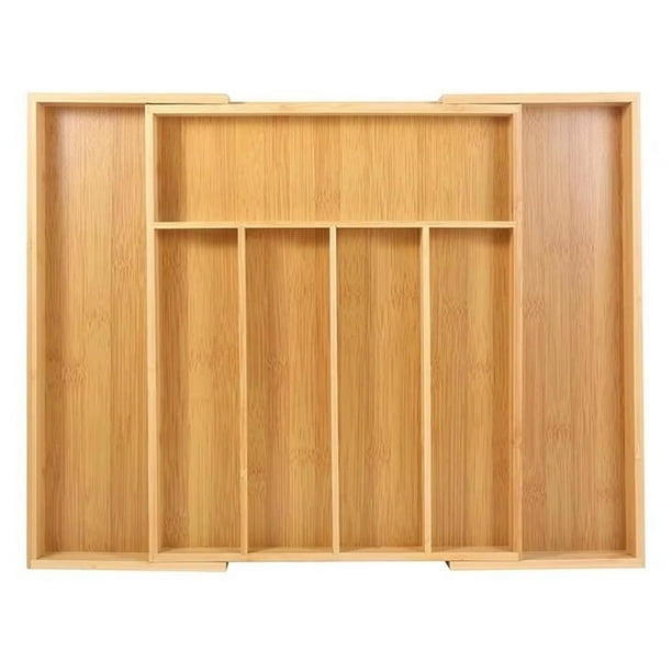 Organizador de Cajones de Bambú para Utensilios, Extensible, Natural, con Separadores de Cajones y Bandeja de Madera Ajustable para Cubiertos.