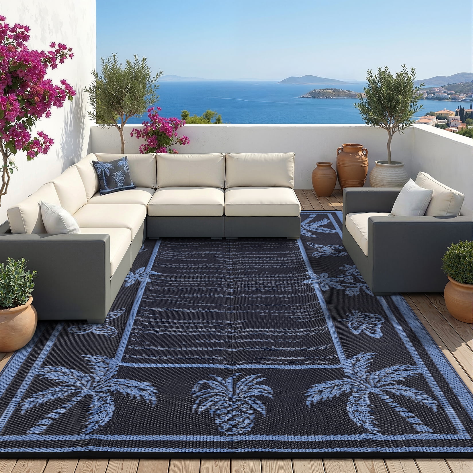 Nanan 9'x12' Outdoor Rug, Waterproof Reversible Patio Rug, Portable Foldable Floor Cover for Camping, Picnic, Beach, Deck, Backyard, Dark Blue Purple