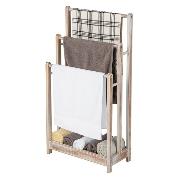 Gymax 3-Bar Freestanding Towel Rack w/ Bottom Storage Shelf Anti-toppling Device Washed White