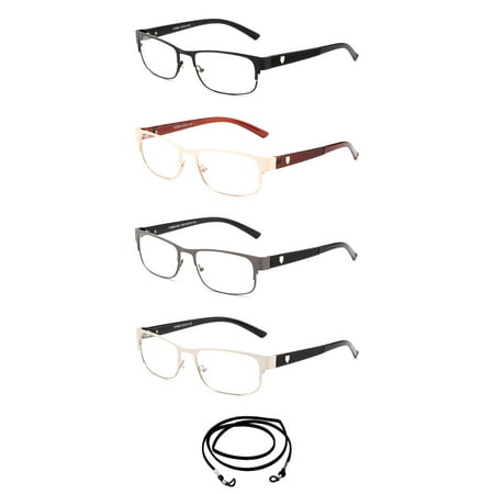 4 Pairs - Squared Thin Frame Temple Reading Glasses with Landyard, +1.00,+1.25, +1.50, +1.75, +2.00, +2.50, +3.00, +350