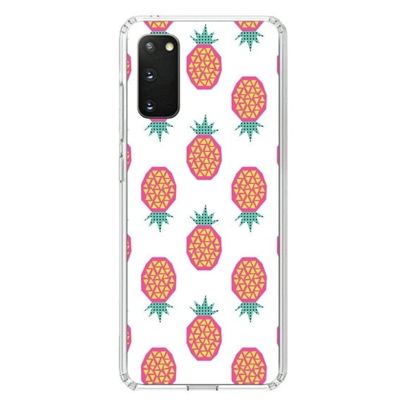 DistinctInk Clear Shockproof Hybrid Case for Galaxy S20 / S20 5G (6.2" Screen) - TPU Bumper, Acrylic Back, Tempered Glass Screen Protector - Summer Graphics - Pineapple Pattern - Pink