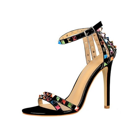 

UKAP Ladies Dress Shoes Ankle Strap High Heel Sandals Studded Strappy Sandal Lightweight Heels Women Stiletto Sexy Black 5.5