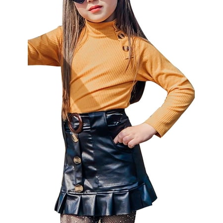 

Canis Toddlers Baby Girl High Collar Pullover Sweater + Pure Color Skirt Suit