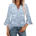 thumbnail image 2 of Women's Long Sleeve T-shirt 3/4 Length Sleeve Womens Tops V Neck Spring Shirts 2025 Petal Bell Sleeve Plus Size Boho Ethnic Style Tee Shirts,Blue Women's Long sleeve T-shirt XL, 2 of 6