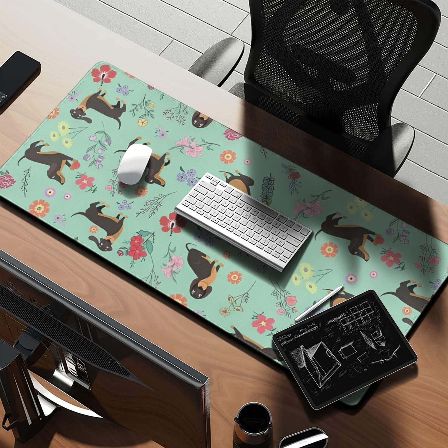 Long Mouse Pads for Desk,Dachshunds and Pioneer Flower Desk Mats on Top Of Desks, Desk Mouse Pad Extra Large with 3mm Non-Slip Base and Stitched Edge for Gaming,Office,Work,Home 35.4"x15.7"