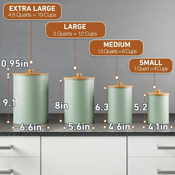 Sage Green Kitchen Canisters Set of 4 with Chalkboard Labels & Marker Pen - Airtight Storage for Flour, Sugar, Coffee