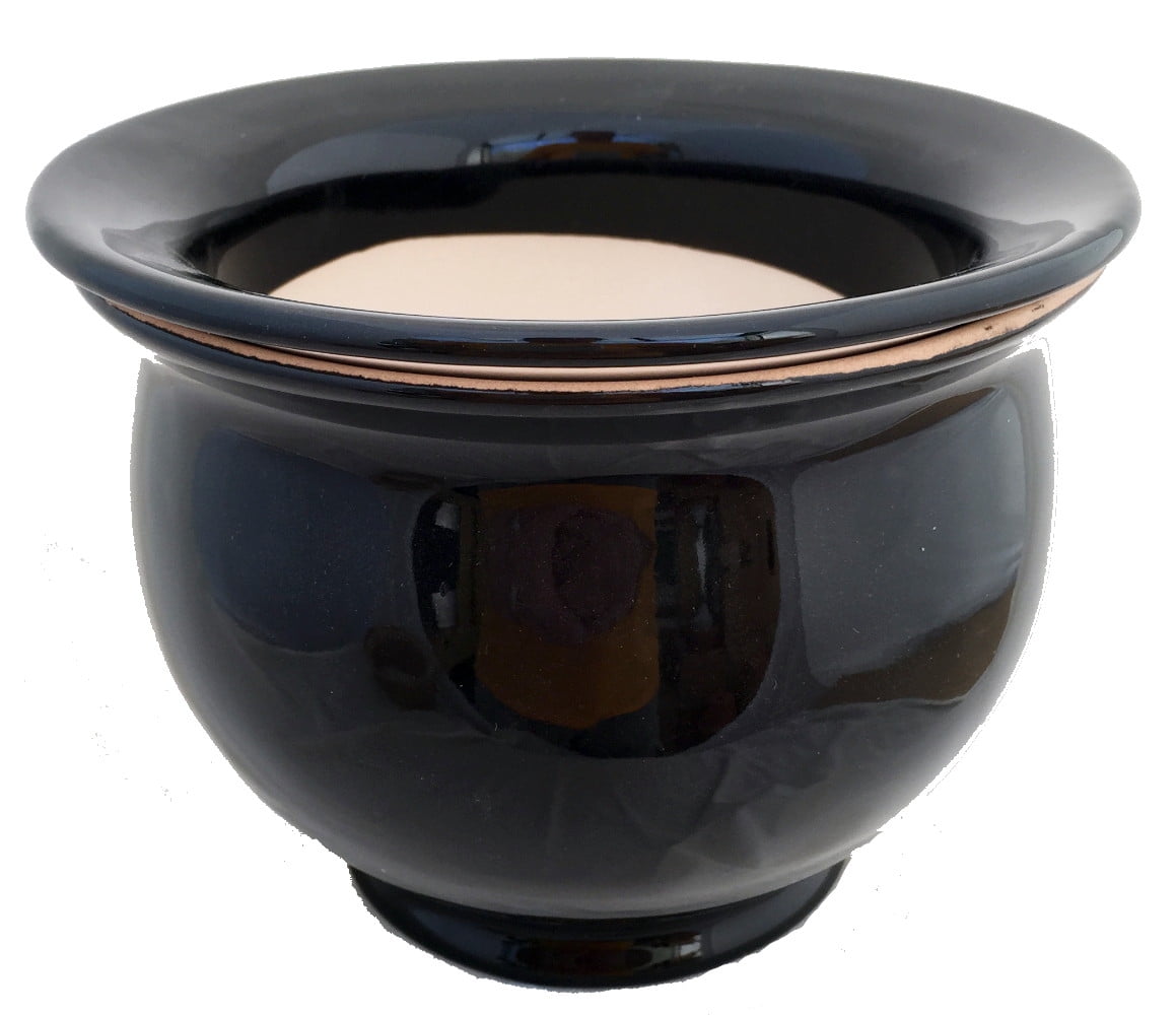 Self Watering Glazed Ceramic Pot plus Felt Feet Black 6 1/2" x 5