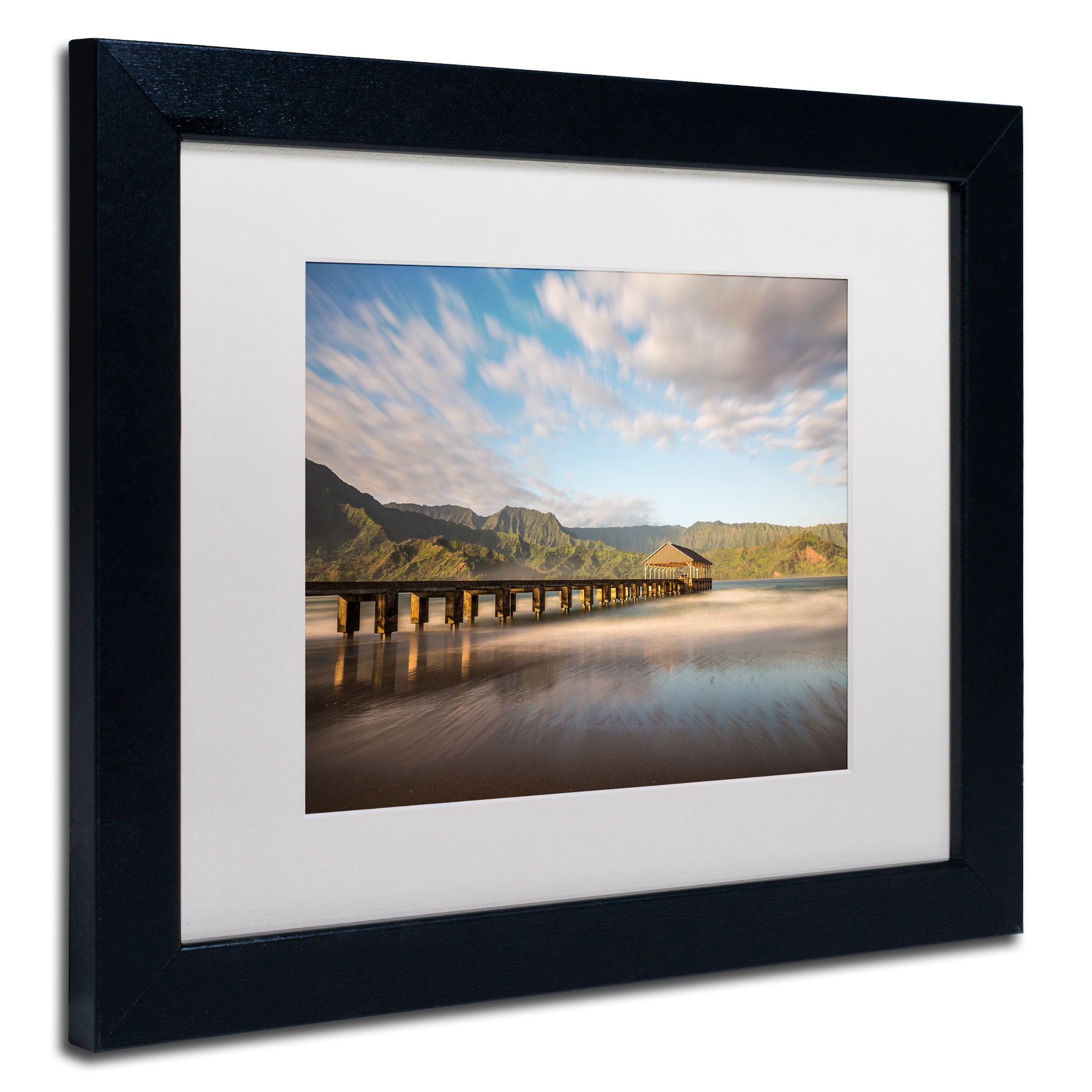 Trademark Fine Art 'Hanalei Bay Pier' Canvas Art by Pierre Leclerc, White Matte, Black Frame