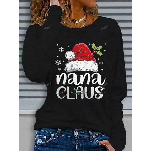 Women'S Christmas Nana Claus Graphic T-Shirt, Long Sleeve, Casual Round Neck, Polyester, Regular Fit, Festive Holiday Top, No Belt, No Pads, Pullover Style
