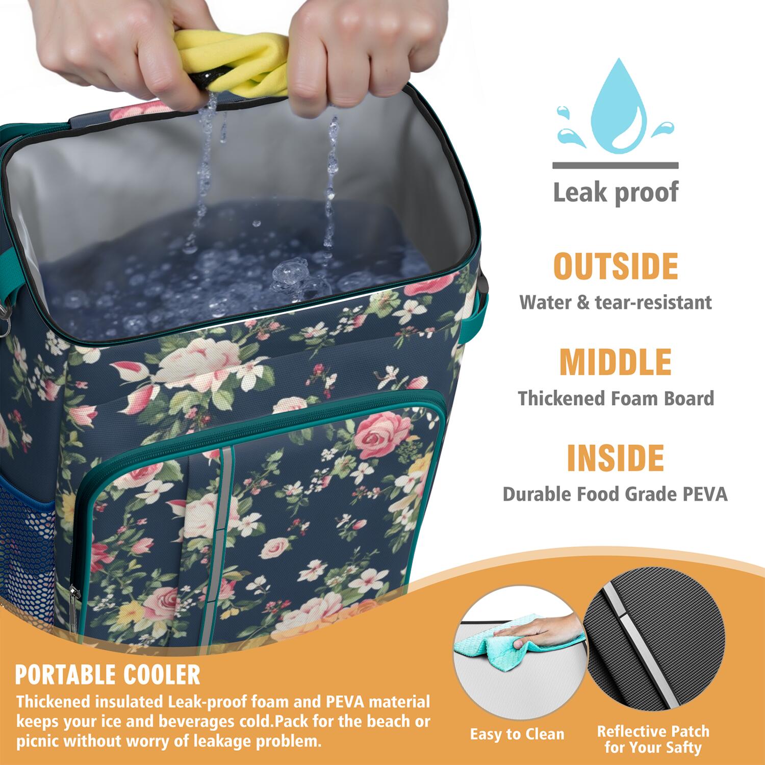 Travel Cooler Bag - Pioneer Flower Floral Print Pattern Camping Beer Cooler Backpack with Bottle Opener- Waterproof Insulated Picnic Backpacks - Cooler Bag for Beach