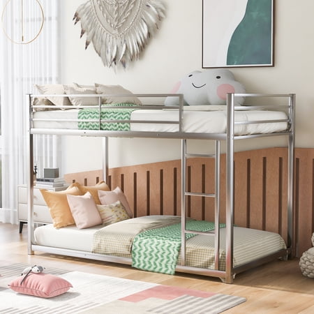 Twin Over Twin Bunk Bed  Low Metal Bed Frame with Safety Guardrails and Ladder  Heavy Duty 2-in-1 Bunk Beds for Kids Teens Adults Bedroom Dorm  No Box Spring Needed  Silver