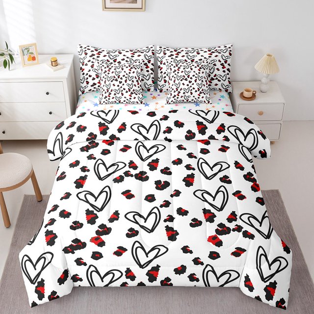 Erosebridal Literie Imprimé Léopard Rouge Taille Grand, Lit Cœur d'Amour Dessin Animé, Adolescents, Réversible 7 Pcs