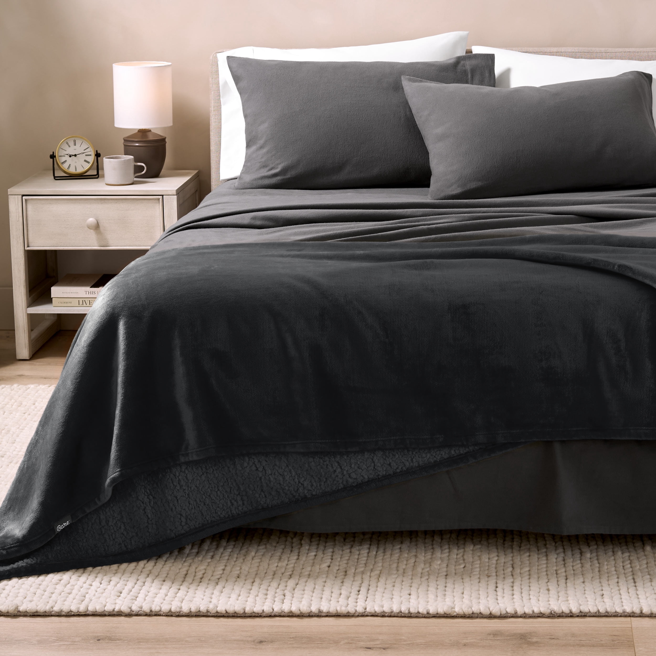 Bare Home Plush Sherpa Bed Blanket - Fluffy & Soft - Reversible - Lightweight - Twin/Twin XL, Black with Black Sherpa