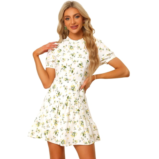 Vestido Por Encima De La Rodilla De Verano Con Gradas Y Elegante Floral Para Mujer Blanco L