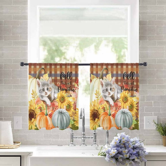 Sheer Curtains 54 inches Long, Cute Cat with Pumpkin Sunflower Dark Brown Checkered Light Filtering Sheer Window Curtains Rod Pocket Voile Drapes for Bedroom Living Room, 52"W x 54"L 2 Panels