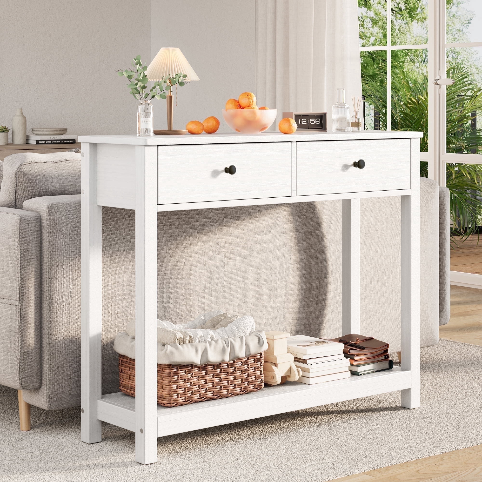 Asofer 39" Console Table with Open Storage, Long Sofa Table with 2 Drawers for Entryway, Hallway, Corridor, Front Hall, White