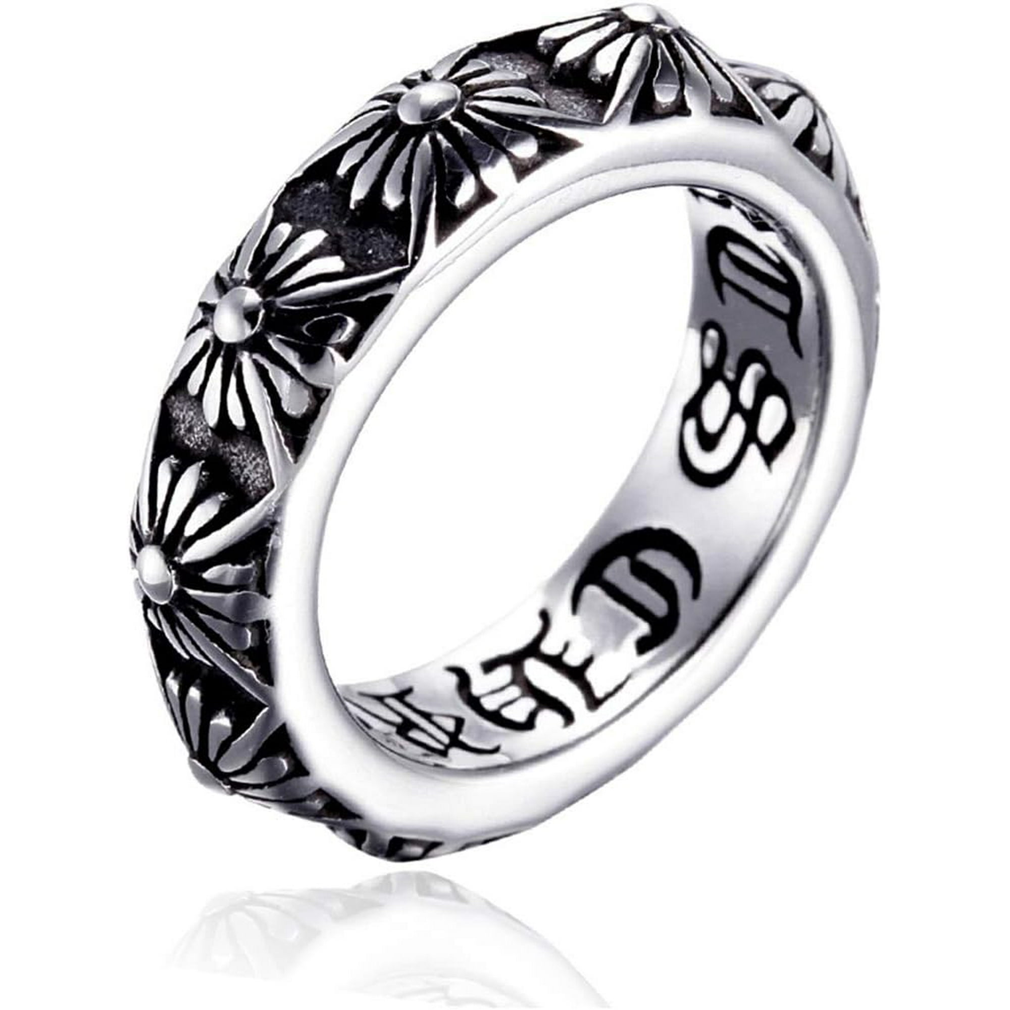 HAHDAXIA Stainless Steel Cross Flower Ring Punk Rock Chrome Hearts