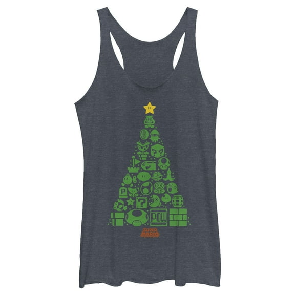 Women's Nintendo Christmas Tree Mosaic  Racerback Tank Top Navy Blue Heather Medium